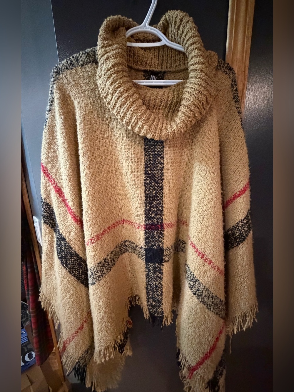 Cozy Turtleneck Poncho Sweater in Camel Plaid